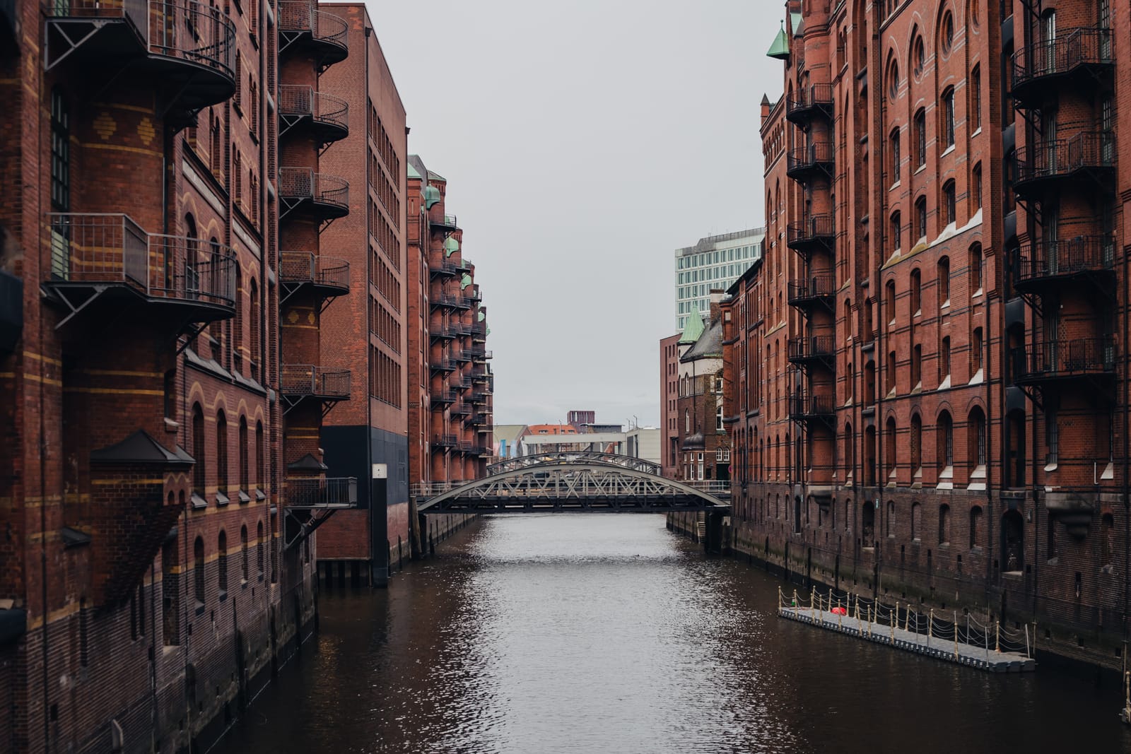 Red-brick warehouses along a canal in the Speicherstadt